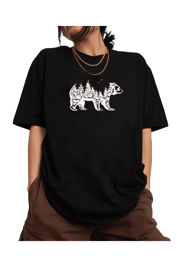 Women's Crew Neck Printed Cotton Tee Forest Bear Silhouette Graphic Casual Loose T Shirt Graphic Tees Tops Black S-5XL