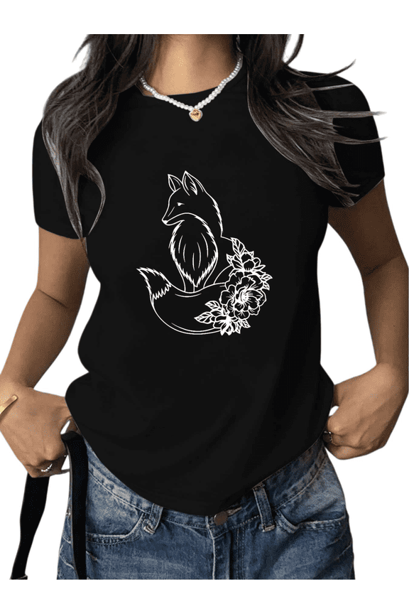 Black Print Tshirt Graphic Tees Shirts with Fox and Floral Design for Daily Casual Spring Summer Wear Fashion Women Print T shirt Tops S-5XL