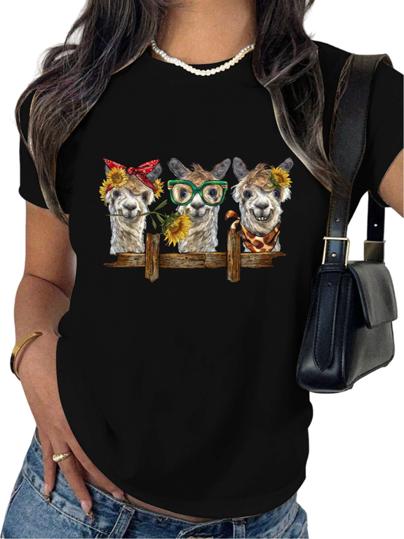 Women's Crew Neck Printed Cotton Tee Fun Alpaca Decor Graphic Casual Loose T Shirt Graphic Tees Tops Black S-5XL