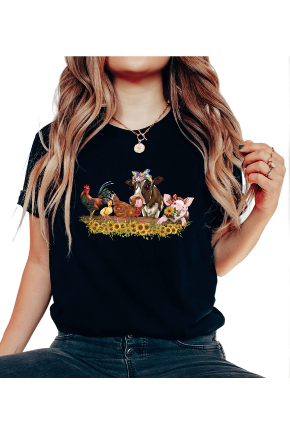 Women's Crew Neck Printed Cotton Tee Fun Farm Animal Graphic Casual Loose T Shirt Graphic Tees Tops Black S-5XL