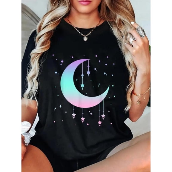 Women's Crew Neck Printed Cotton Tee Gradient Moon Star Pattern Casual Dreamy Black S-5XL