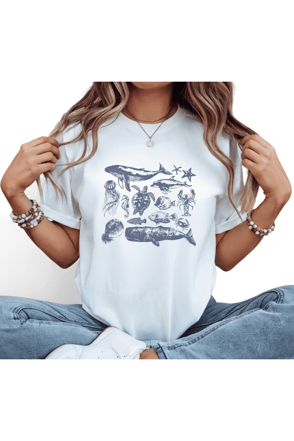 Women's Crew Neck Printed Cotton Tee Marine Life Illustrated Casual Loose T Shirt Graphic Tees Tops White S-5XL