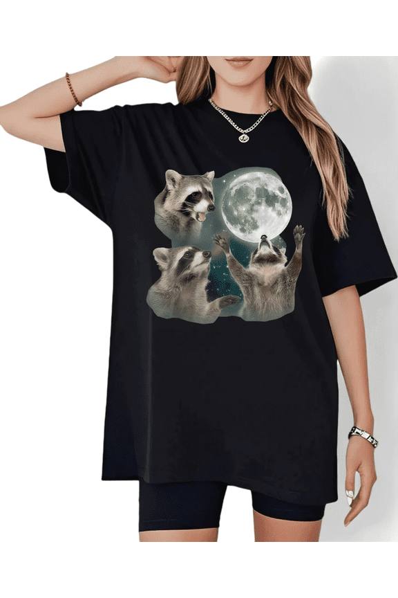 Women's Crew Neck Printed Cotton Tee Moonlit Raccoon Group Graphic Casual Loose T Shirt Graphic Tees Tops Black S-5XL