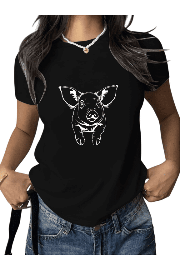 Women's Crew Neck Printed Cotton Tee Pig Line Art Graphic Casual Loose T Shirt Graphic Tees Tops Black S-5XL