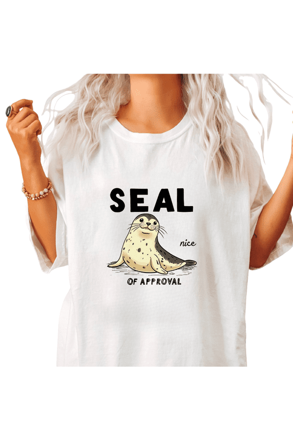 Women's Crew Neck Printed Cotton Tee Seal Of Approval Slogan Graphic Casual Loose T Shirt Graphic Tees Tops White S-5XL