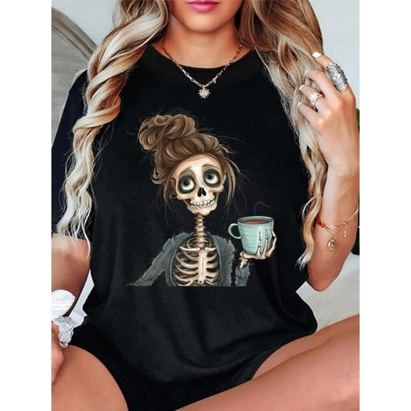 Women's Crew Neck Printed Cotton Tee Skeleton Coffee Funny Pattern Personalized Casual Black S-5XL
