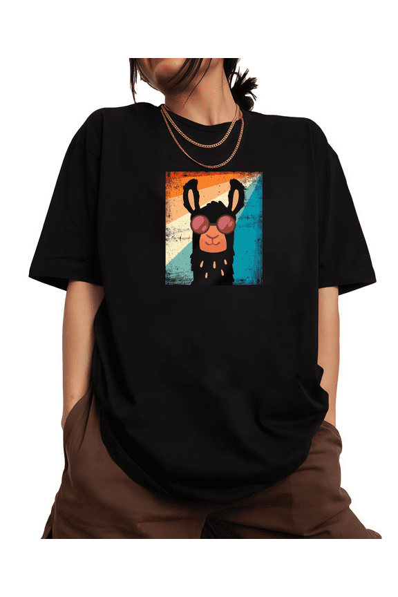 Women's Crew Neck Printed Cotton Tee Sunglasses Alpaca Retro Style Casual Loose T Shirt Graphic Tees Tops Black S-5XL