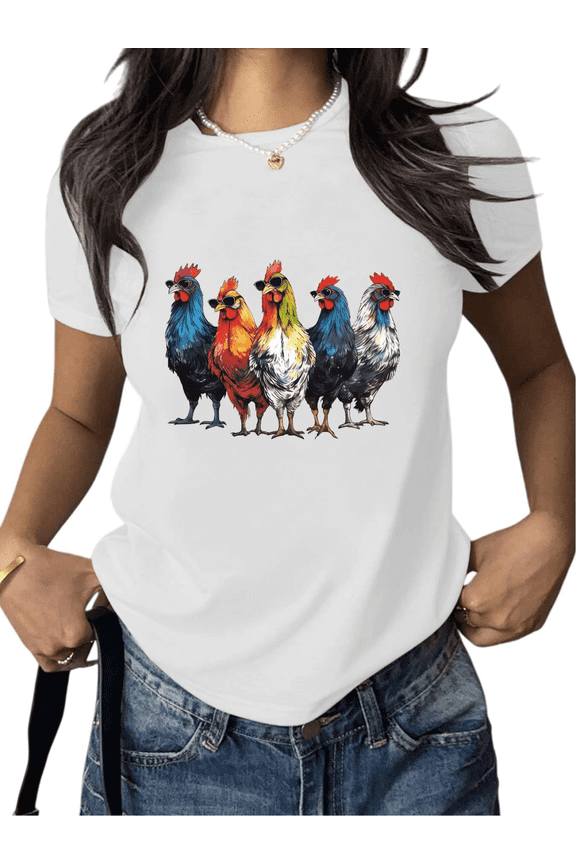 Women's Crew Neck Printed Cotton Tee Sunglasses Colorful Roosters Casual Loose T Shirt Graphic Tees Tops White S-5XL