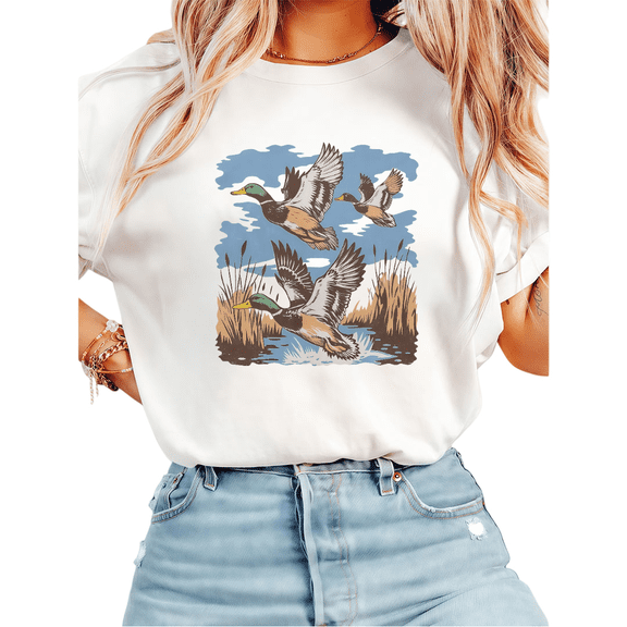 Women's Crew Neck Printed Cotton Tee Wild Duck Graphic Casual Loose T Shirt Graphic Tees Tops White S-5XL