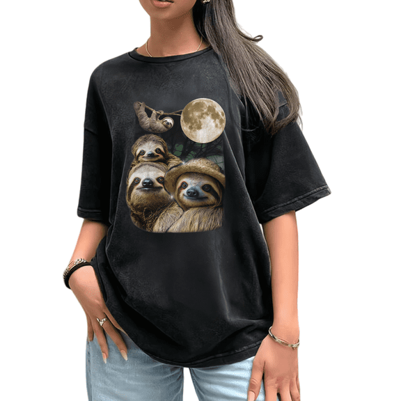 Women's Crew Neck Printed Cotton Washed Tee Moonlit Sloth Group Casual Loose Black S-2XL Plus Size