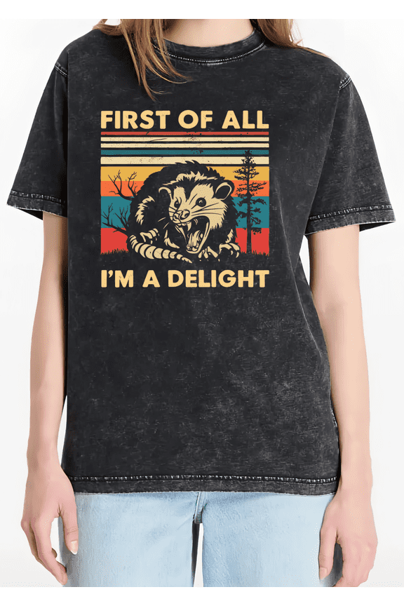 Women's Crew Neck Printed Cotton Washed Tee Skunk Funny Slogan Casual Loose Black S-2XL Plus Size