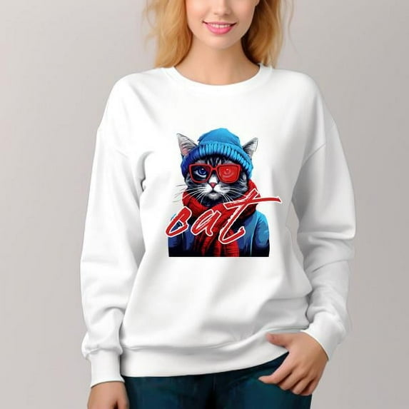 Women's Crew Neck Pullover Cozy Clothes Autumn Winter-Cool Cat Print