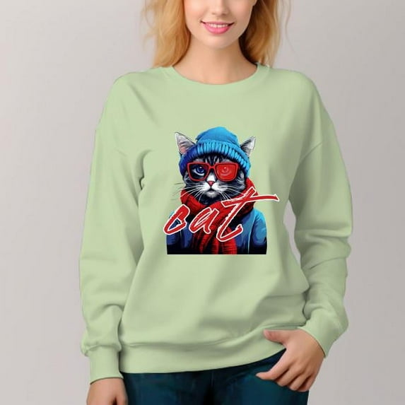 Women's Crew Neck Pullover Cozy Clothes Autumn Winter-Cool Cat Print