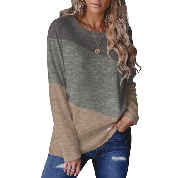 Women's Crew Neck Pullover Long Sleeve Color Block Tops Relaxed-Fit Casual Stylish Tunic Blouse Spring Fall Outfits (M, Gray)