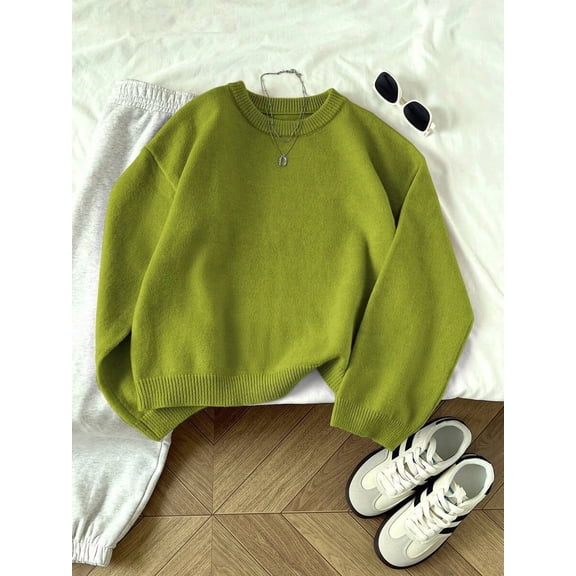 Women's Crew Neck Pullover Sweater, Long Sleeve Solid Color Knit Top