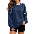 thumbnail image 1 of Women's Crew Neck Pullover Sweatshirt, Long Sleeve Loose Tops with Contrast Striped Details on Neck and Sleeves,Fall Winter Daily Wear Blue XXL, 1 of 9