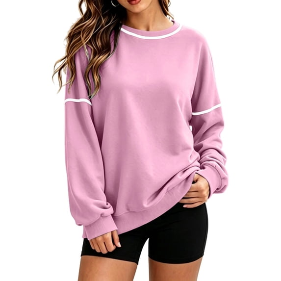 Women's Crew Neck Pullover Sweatshirt, Long Sleeve Loose Tops with Contrast Striped Details on Neck and Sleeves,Fall Winter Daily Wear XL
