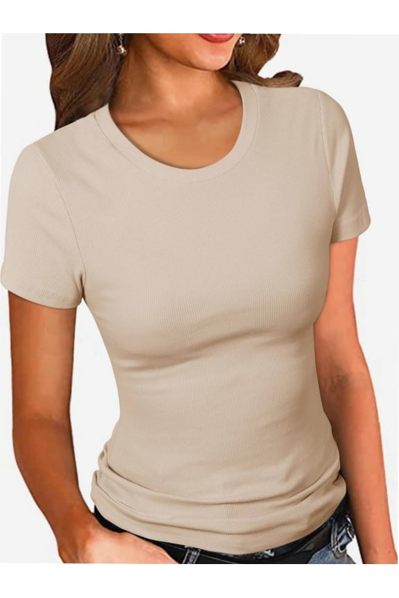 Women's Crew Neck Ribbed Fitted Shirt, Basic Short Sleeves Slim Fit Tops Summer T Shirt