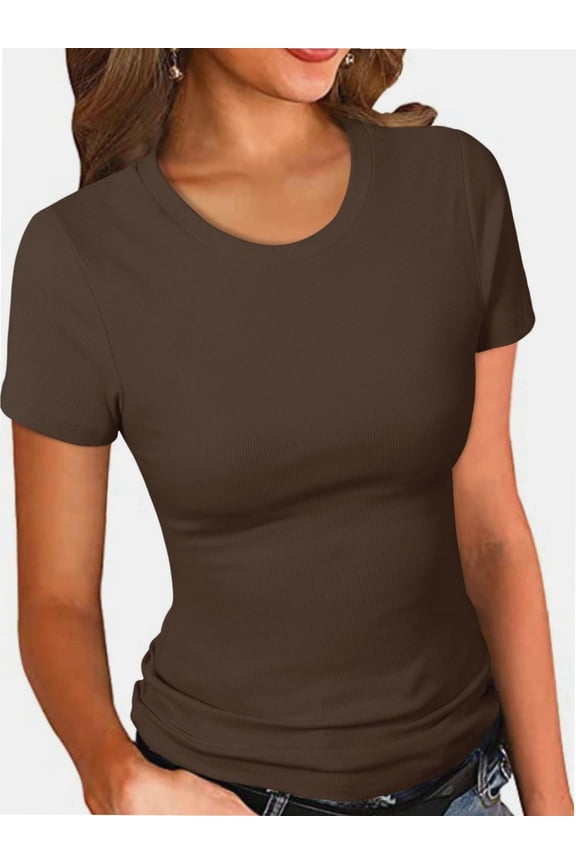 Women's Crew Neck Ribbed Fitted Shirt, Basic Short Sleeves Slim Fit Tops Summer T Shirt