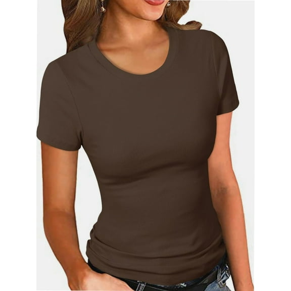 Women's Crew Neck Ribbed Fitted Shirt, Basic Short Sleeves Slim Fit Tops Summer T Shirt