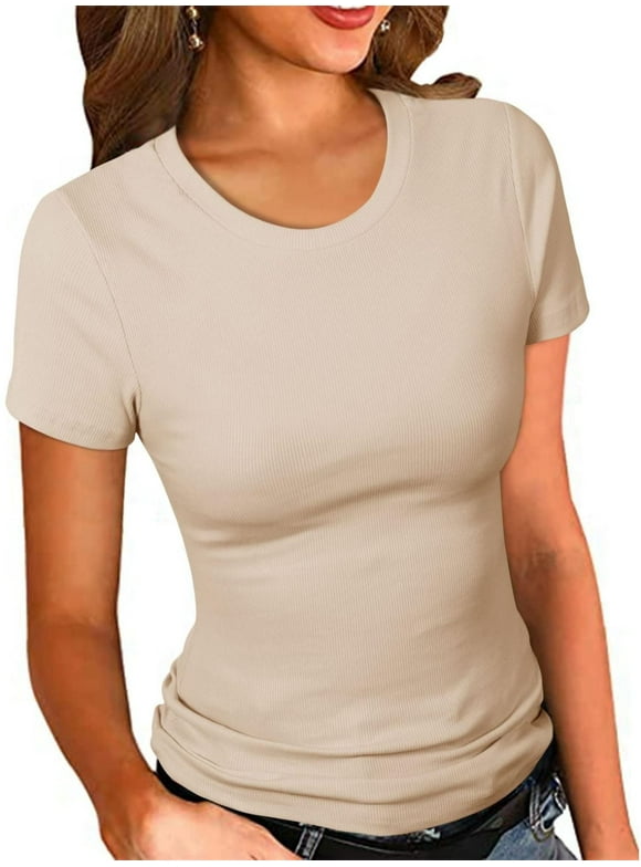 Women's Crew Neck Ribbed Fitted Shirt, Basic Short Sleeves Slim Fit Tops Summer T Shirt