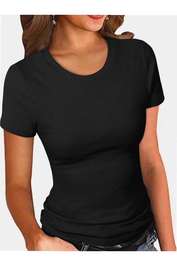 Women's Crew Neck Ribbed Fitted Shirt, Basic Short Sleeves Slim Fit Tops Summer T Shirt