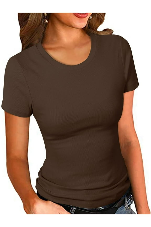 Women's Crew Neck Ribbed Fitted Shirt, Basic Short Sleeves Slim Fit Tops Summer T Shirt
