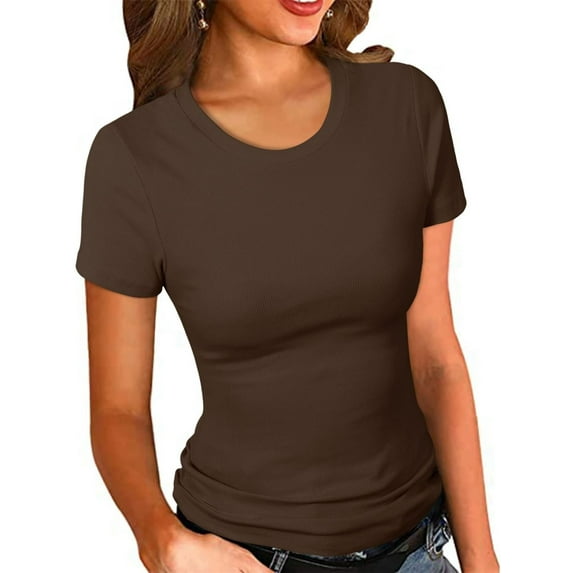 Women's Crew Neck Ribbed Fitted Shirt, Basic Short Sleeves Slim Fit Tops Summer T Shirt