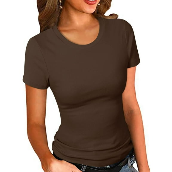 Women's Crew Neck Ribbed Fitted Shirt, Basic Short Sleeves Slim Fit Tops Summer T Shirt