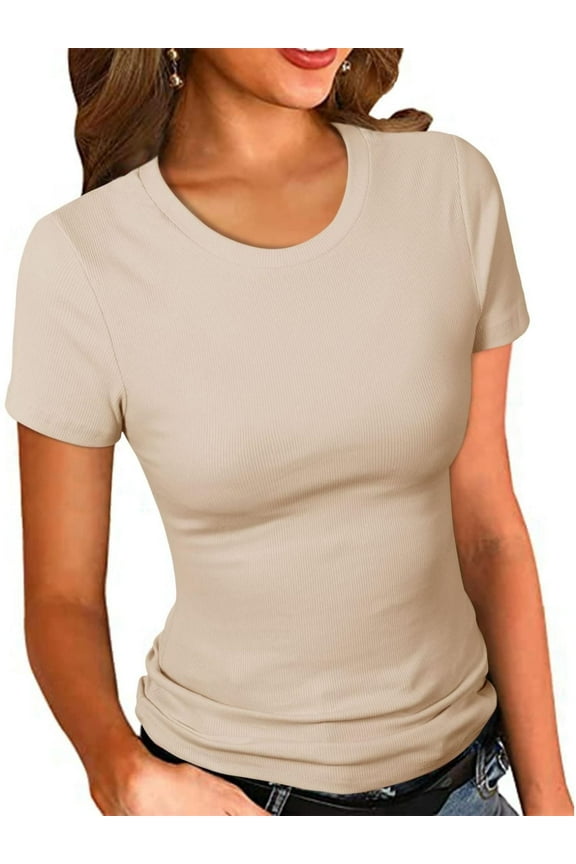 Women's Crew Neck Ribbed Fitted Shirt, Basic Short Sleeves Slim Fit Tops Summer T Shirt