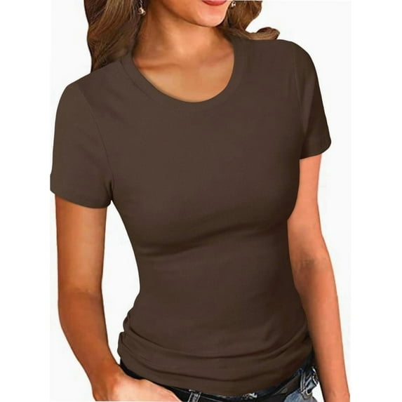 Women's Crew Neck Ribbed Fitted Shirt, Basic Short Sleeves Slim Fit Tops Summer T Shirt