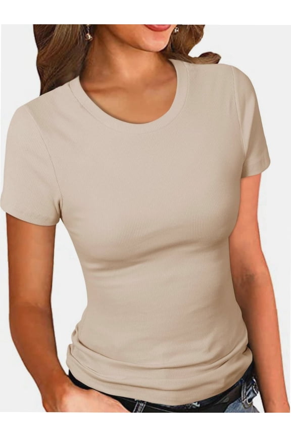 Women's Crew Neck Ribbed Fitted Shirt, Basic Short Sleeves Slim Fit Tops Summer T Shirt