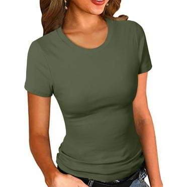 Women's Crew Neck Ribbed Fitted Shirt, Basic Short Sleeves Slim Fit Tops Summer T Shirt