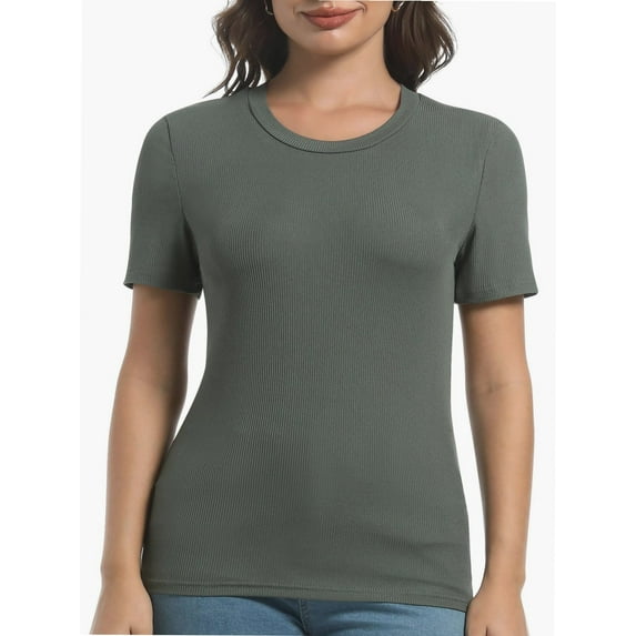 Women's Crew Neck Ribbed Fitted Shirt Basic Short Sleeves Summer T Shirt Tops