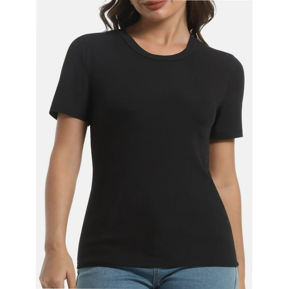 Women's Crew Neck Ribbed Fitted Shirt Basic Short Sleeves Summer T Shirt Tops