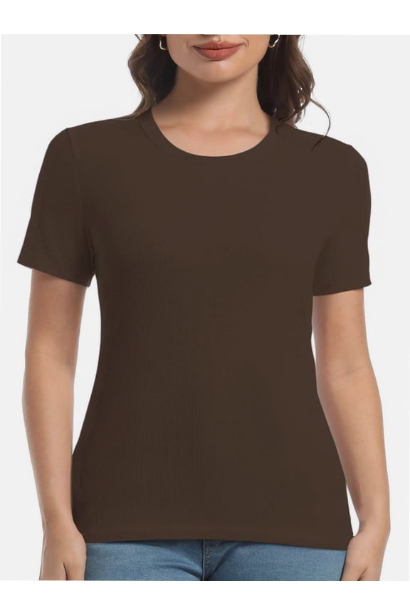 Women's Crew Neck Ribbed Fitted Shirt Basic Short Sleeves Summer T Shirt Tops