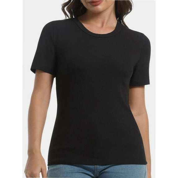 Women's Crew Neck Ribbed Fitted Shirt Basic Short Sleeves Summer T Shirt Tops