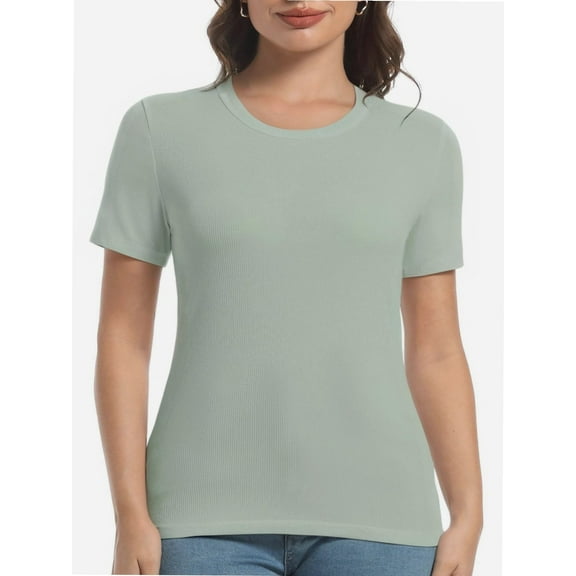 Women's Crew Neck Ribbed Fitted Shirt Basic Short Sleeves Summer T Shirt Tops