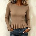 thumbnail image 1 of Women's Crew Neck Ribbed Knit Sweater, Long Sleeve Slim Fit Peplum Ruffle Hem Pullover Tops for Fall Daily Casual Outfits L, 1 of 7
