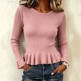 thumbnail image 1 of Women's Crew Neck Ribbed Knit Sweater, Long Sleeve Slim Fit Peplum Ruffle Hem Pullover Tops for Fall Daily Casual Outfits S, 1 of 7