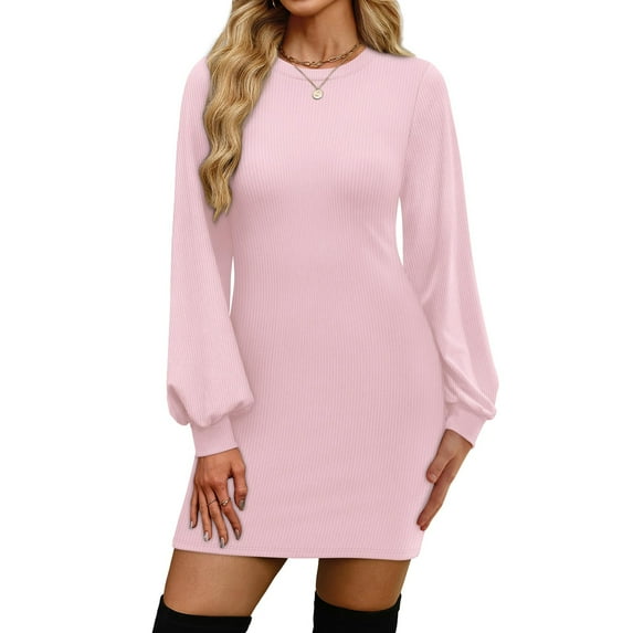 Women's Crew Neck Ribbed Long Sleeve Bodycon Pullover Cute Mini Fashion Dress Pink XL