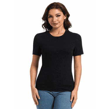 Women's Crew Neck Ribbed Slim Fit T-Shirt, Basic Short Sleeve Summer Top