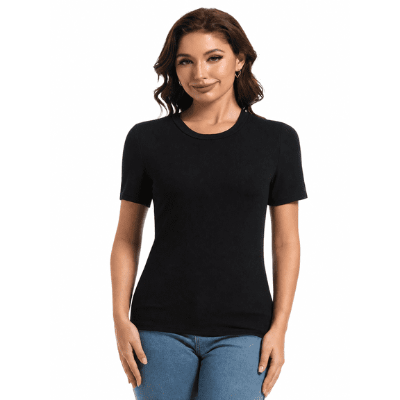 Women's Crew Neck Ribbed Slim Fit T-Shirt, Basic Short Sleeve Summer Top