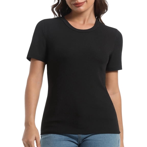Women's Crew Neck Ribbed Slim Fit T-Shirt, Basic Short Sleeve Summer Top