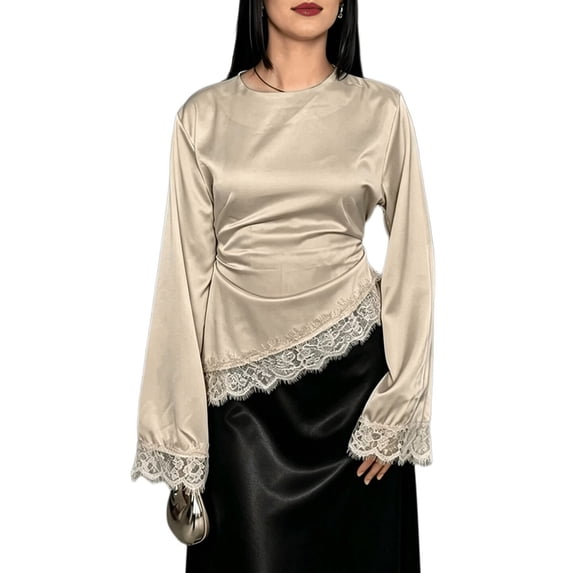 Women's Crew Neck Satin Long Sleeve Lace Trim Irregular Hem Blouse Khaki S