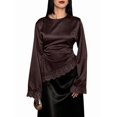 thumbnail image 1 of Women's Crew Neck Satin Long Sleeve Lace Trim Irregular Hem Blouse Reddish-Brown XL, 1 of 7