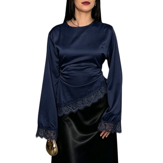 Women's Crew Neck Satin Long Sleeve Lace Trim Irregular Hem Blouse XXL