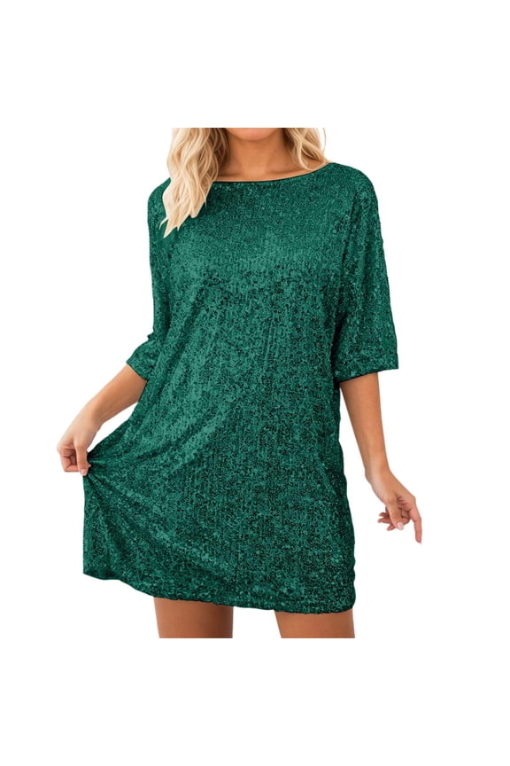 Women's Crew Neck Sequin Dress for Women Sexy V Neck Shirt Dresses Sparkly Shift Mini Dress