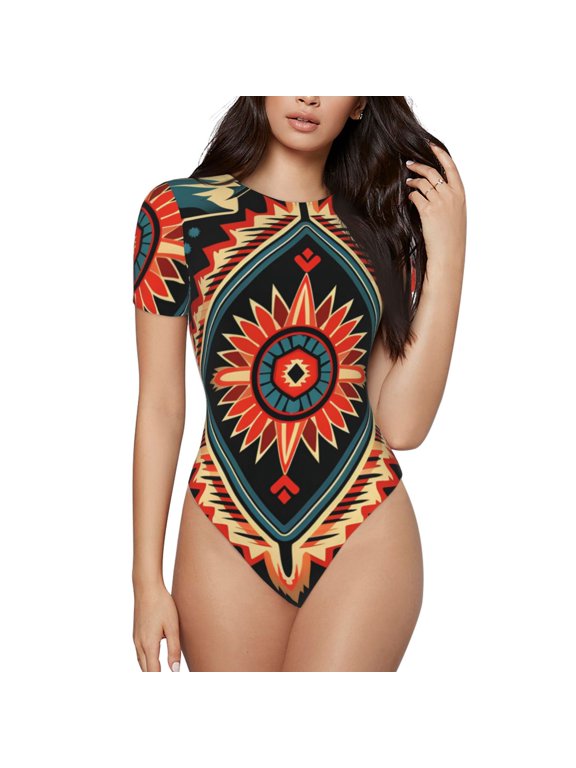 Women's Crew Neck Short Sleeve Casual Bodysuit Jumpsuit T Shirts, Aztec Baja Western Native Southwest