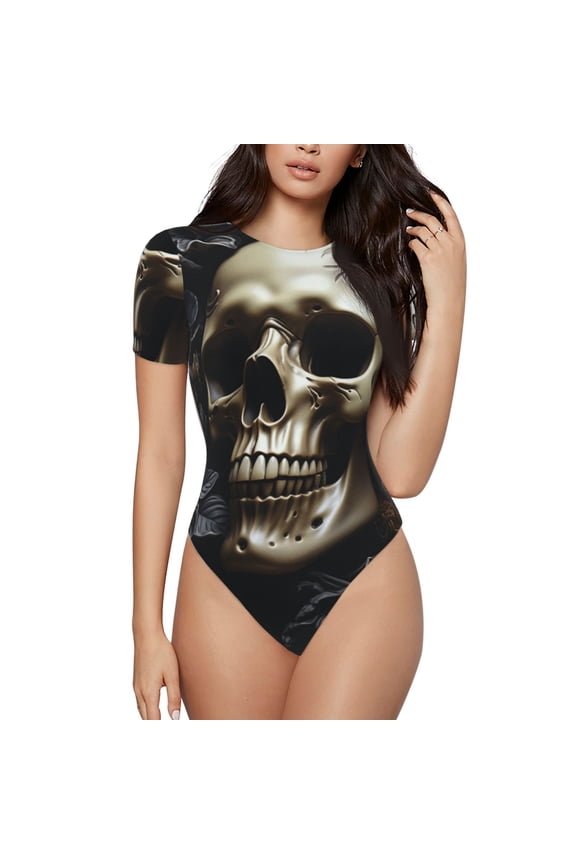 Women's Crew Neck Short Sleeve Casual Bodysuit Jumpsuit T Shirts, Death Skull Gothic Art Black